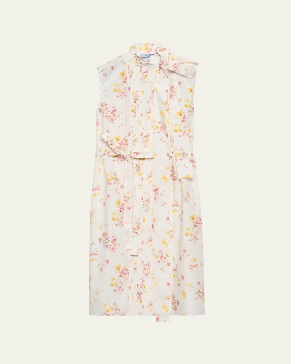 Bouquet-Print Sleeveless Poplin Dress